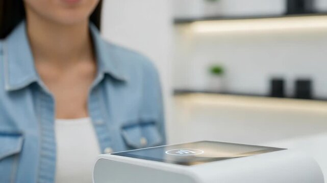Card payment terminal on counter near customer in retail store. Card payment is convenient way to transact, offering security and fast checkout using modern technology.