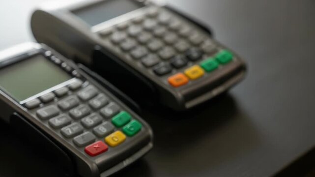 Paying with card concept shows two card readers for payment. Paying with card setup includes modern POS terminals ready for contactless payments and digital transactions.