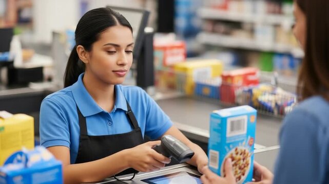 Grocery checkout scan by focused cashier scanning cereal box. Grocery checkout at supermarket with attentive cashier swiping product codes, overseeing point of sale transaction.