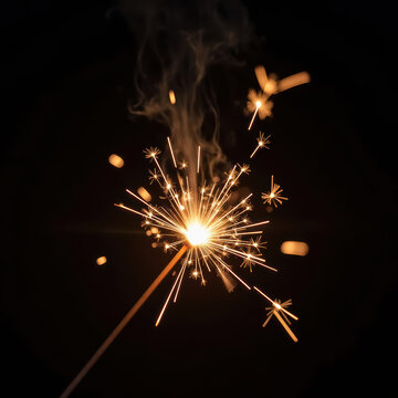 Bright sparkler emits vibrant sparks against dark background, creating festive and joyful atmosphere
