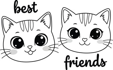 Best friends cute cats coloring page drawing vector illustration vector