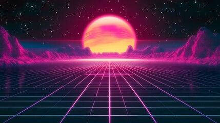 Neon grid landscape with large glowing planet and distant mountains.
