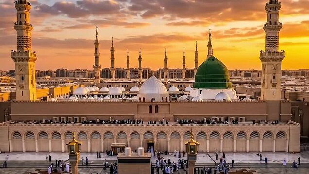 Majestic al masjid an nabawi mosque illuminated video by a vibrant golden sunset in medina saudi arabia