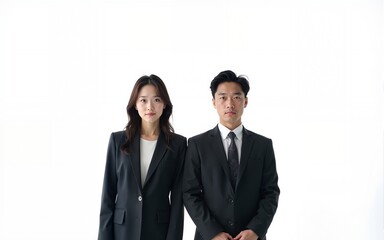 One Korean or Japanese Asian woman and one man in suit standing straight and looking straight ahead. Office worker male and female models, job advertisement background. white studio background.