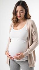 Fototapeta premium Serene pregnant woman gently cradles her baby bump, wearing simple white top and soft cardigan, embodying beauty of motherhood