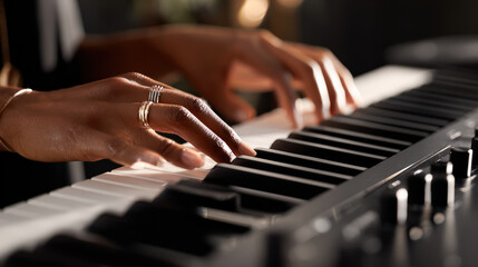 Obraz premium A person's hands playing piano during the cozy and happy holiday season, bringing joy and music.