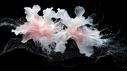 Abstract floral explosion with white and pink hues on black background, conceptual flow