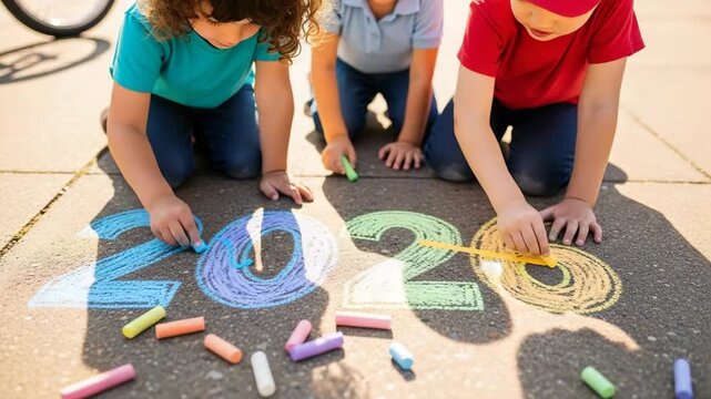 Children drawing with chalk on the asphalt depicting New Year 2023, colorful drawing on the ground. Happy children create New Year 2023 art together with chalk on the ground.