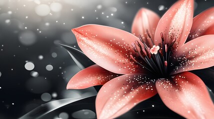 Artistic Lily Flower with Glittering Petals, Dark Background and Bokeh Lights