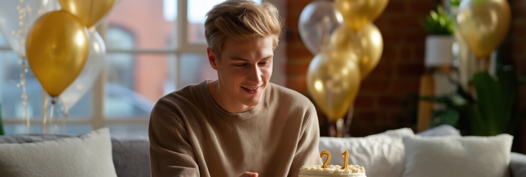 Young caucasian male celebrates 21st birthday with cake and balloons in cozy living room - Powered by Adobe
