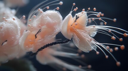 Close-up of delicate peach flower with water droplets on petals, artistic flora concept