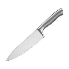 A sharp stainless steel kitchen knife with a textured handle, isolated on transparent background