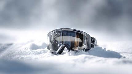 Ski goggles on fresh snow, perfect for winter sports and the Olympics.