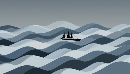 A small sailing vessel navigates choppy ocean waves under a gray sky