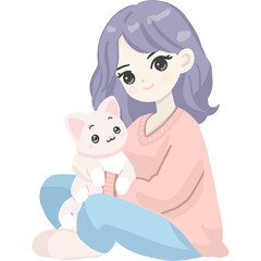Adorable pastel illustration of a cute girl with purple hair holding a white kitten.
Perfect for stickers, greeting cards, posters, or digital art projects.