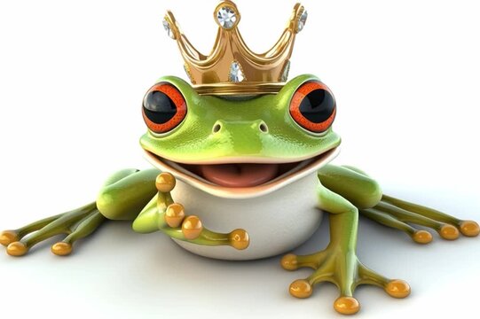 The Regal Frog: A smiling frog, adorned with a golden crown, sits regally, symbolizing charm, transformation, and the pursuit of one's dreams.