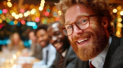 A joyful group gathers at a festive event, featuring a smiling red-haired man with glasses and a red tie,