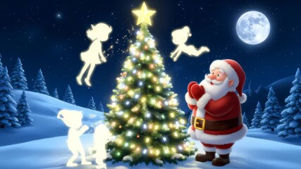 Cartoon Santa Claus With Elves Decorating Christmas Tree at Night