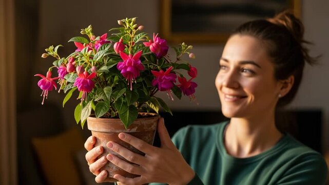 Woman holding flower pot with blooming fuchsia plant, happy expression, indoor shot. Woman holding flower pot displays its beautiful flowers, showing her joy in gardening.