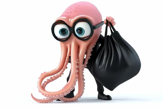 Octopus with Bag: An anthropomorphic octopus, sporting eyeglasses and a suspicious air, furtively carries a black bag, creating a blend of whimsy and intrigue.