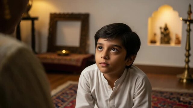 Child looking up at parent in India with traditional clothing and decor. Young boy gazes upward during conversation in India, surrounded by classic Indian interior details.