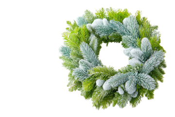 Beautiful green and frosted pine wreath, ideal for holiday decor, with natural textures against a white isolated background.