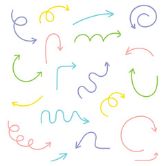 Colorful Hand-Drawn Arrow Set – Playful Doodle Icons in Spiral, Zigzag, Curved, and Looped Styles for Creative Design, Directional Flow, and Emphasis