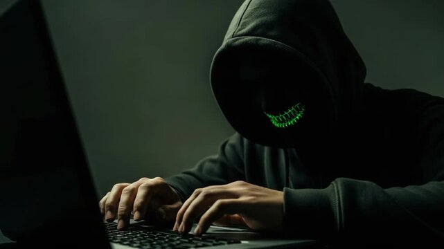 Man in hoodie using laptop suggests online fraud, with face hidden in shadow to maintain anonymity. Online fraud is a growing problem, with potential for identity theft and financial loss.