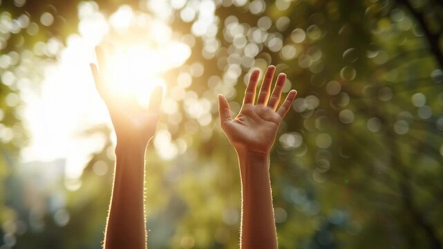 Hands raised towards sunlight in a natural setting
