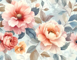 Watercolor background of pink roses and other beautiful flowers blooming in a spring or summer garden creates a lovely floral art pattern