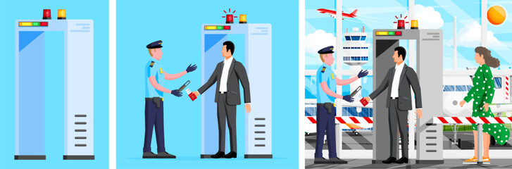 Airport security checkpoint with metal detector scanner. Flat style design for travel and safety concept. Aviation control.