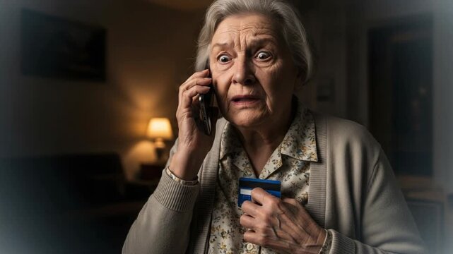 Elderly woman victim of fraud on telephone call with frightened expression, holding credit card in her hand. Elderly fraud victim with hand to chest while getting bad news during telephone call.