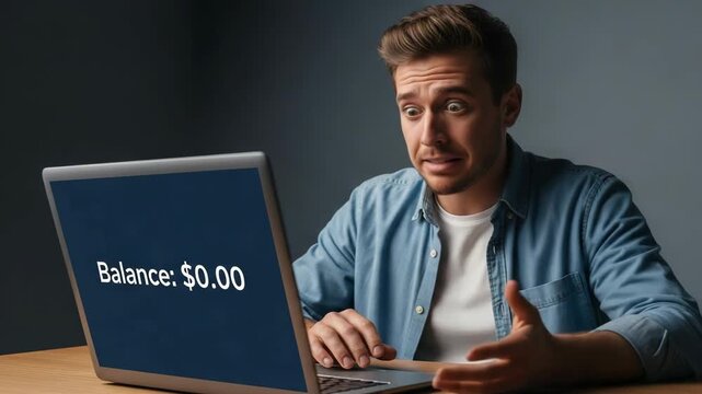 Man sees zero balance after online fraud on laptop. Shocked man looks at laptop screen displaying zero balance, feeling frustrated after online fraud.
