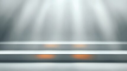 Illuminated stage with spotlight beams creates an empty platform.