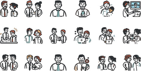 Obraz premium Vector line art of office team working together. EPS-ready for teamwork, business, and corporate themes. Clean, scalable, and suitable for professional design use. 