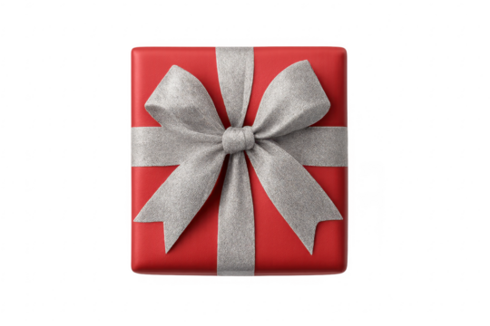 Red gift box with silver ribbon bow