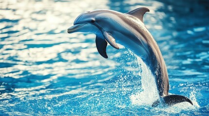 Fototapeta premium A dolphin leaps out of the water, back arched, surrounded by splashes