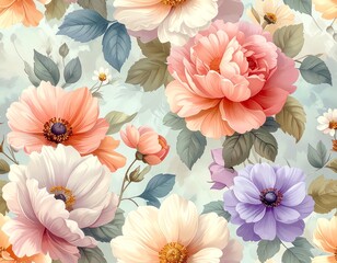 A seamless floral pattern with pink and purple spring flowers is a beautiful vector design for wallpaper or textile art