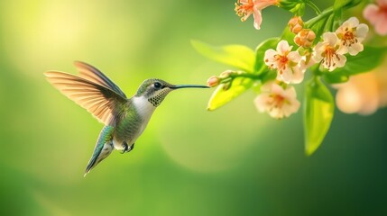 Fototapeta premium Tiny bird hovers near blossom, wings outstretched, bathed in sunlight