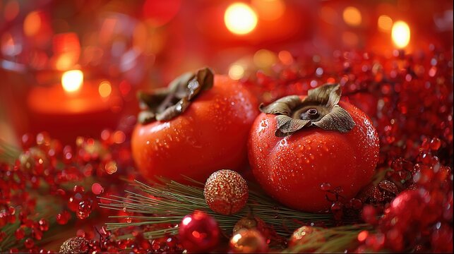 Festive arrangement of persimmons and holiday decorations in warm candlelight