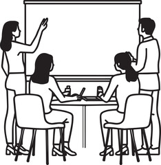 Vector line art of office team working together. EPS-ready for teamwork, business, and corporate themes. Clean, scalable, and suitable for professional design use.
