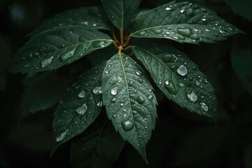 Fototapeta premium The foliage displays a rich emerald hue with a plush, velvety feel. Dewdrops glisten on the surface, enhancing the scene's natural charm.