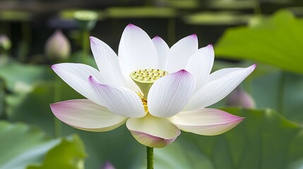 Close up macro shot of white lotus flower with pink tips on green background