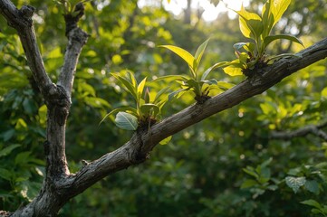 Obraz premium Life beginnings. New shoots on a barren branch part two