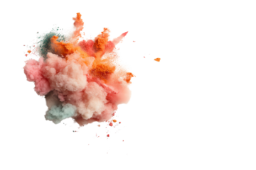Colorful powder explosion in shades of pink, blue, and orange on a black background, showcasing dynamic motion and vibrant hues.