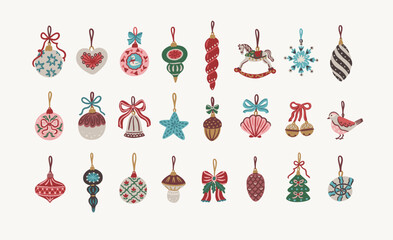 Vintage set of hand drawn Christmas tree decorations including baubles, bells, acorn, snowflake, bird, star, pine cone, and rocking horse. Traditional winter holiday ornaments. Vector clipart 