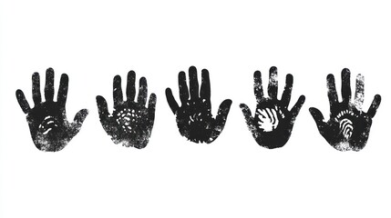 Black Handprints Row Textured on White Background