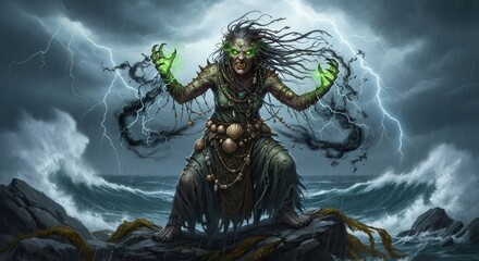 Fototapeta premium Scary fantasy sea witch woman casting green magic with lightning and stormy ocean around. Dark sorceress character for a pirate adventure story.