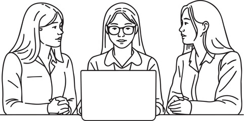 Vector line art of office team working together. EPS-ready for teamwork, business, and corporate themes. Clean, scalable, and suitable for professional design use.
