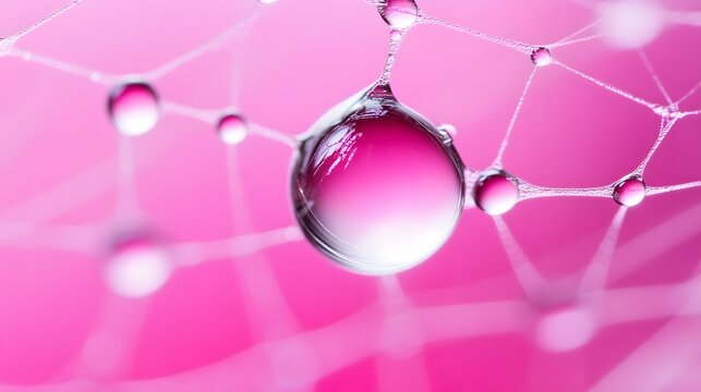 Delicate water droplets on spiderweb strands with magenta background